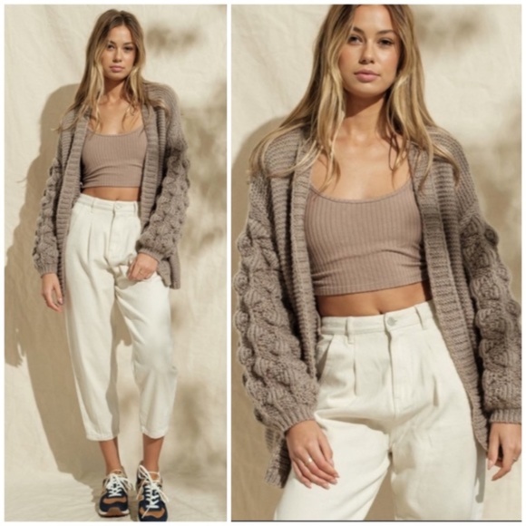 SOLD OUT Khaki Pompom Sleeve Knit Open Cardigan Sweater - Picture 2 of 6